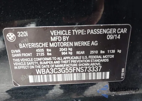 2015 BMW 320I xDrive from USA, damaged, VIN WBA3C3G55FNS73337
